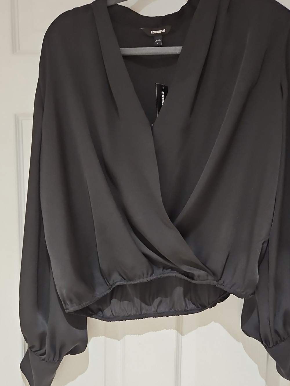 Express Black Draped Surplice Blouse with Balloon Sleeves